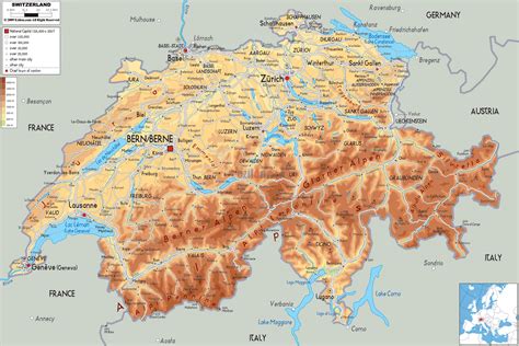 Large physical map of Switzerland with roads, cities and airports | Switzerland | Europe ...