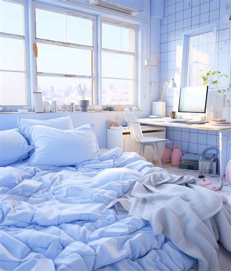 Premium AI Image | Bright bedroom design bedroom with blue decorations is decorated In the ...