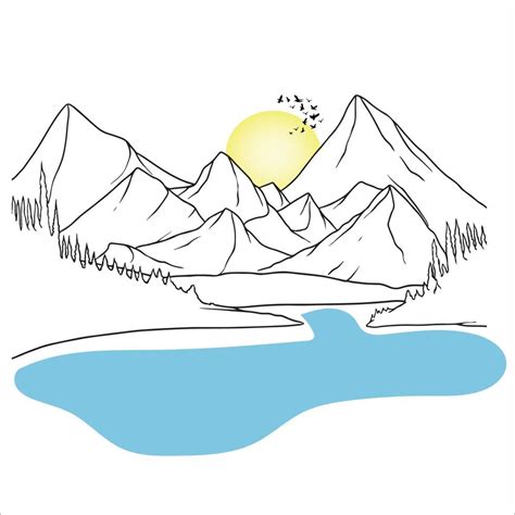 Mountain Line Art, Minimalist Landscape Drawing, Lake Outline Drawing, Simple Sketch, Sunrise ...