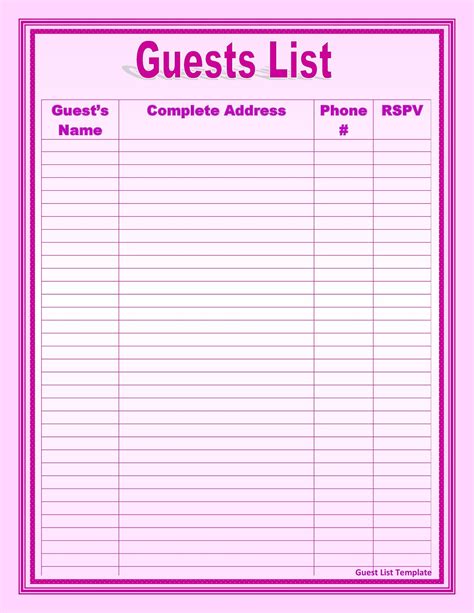 Free Printable Wedding Guest List Template