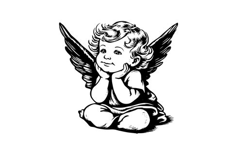 Little angel vector retro style engraving black and white illustration. Cute baby with wings ...