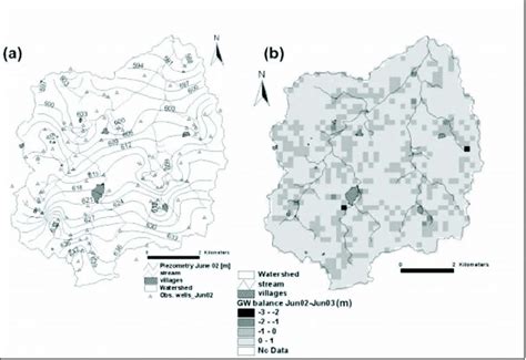 (a) Water table map and (b) annual (June 02 to June 03) groundwater... | Download Scientific Diagram