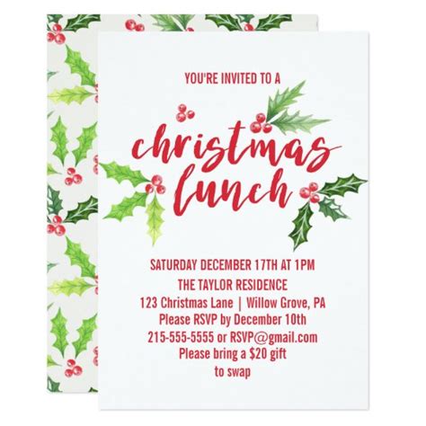 Watercolor Holly Christmas Lunch Invitation | Zazzle.com