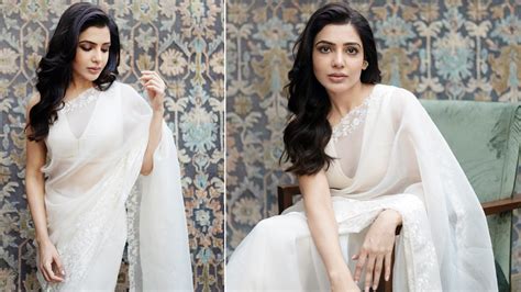 Samantha Ruth Prabhu Amazes Internet in Hand Embroidered Ivory Organza Saree And Silk Blouse ...