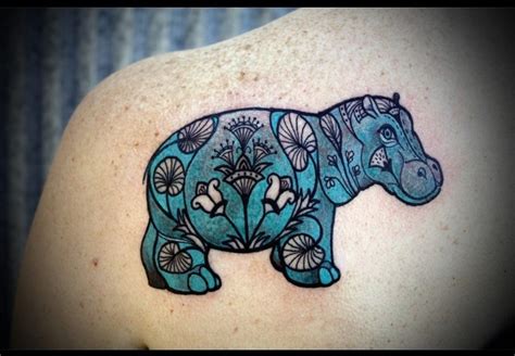 Cute patchwork blue hippo tattoo - Tattooimages.biz