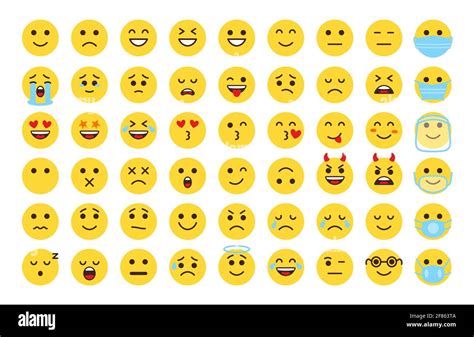 Emoji face icon set. Different type flat emoticon smile collection. Mood or facial emotion ...