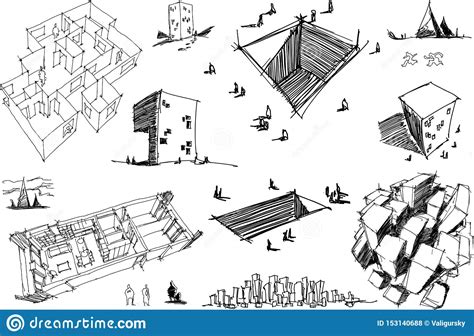 Many Architectural Sketches of a Modern Abstract Architecture and Geometric Objects Stock Vector ...