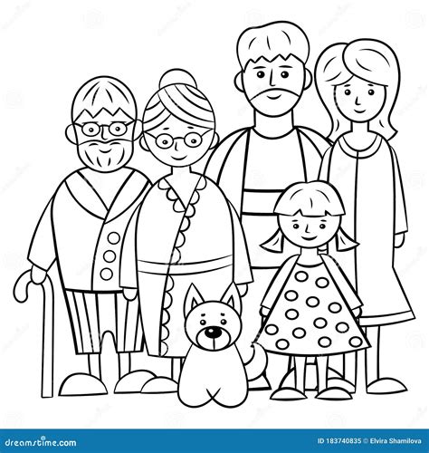 A Family Of Five And A Dog, Coloring Page Vector Illustration | CartoonDealer.com #183740835