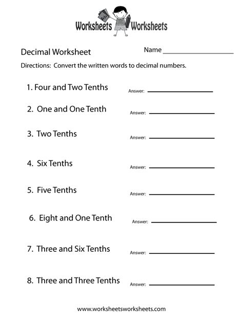 Free Printable Decimal Practice Worksheet