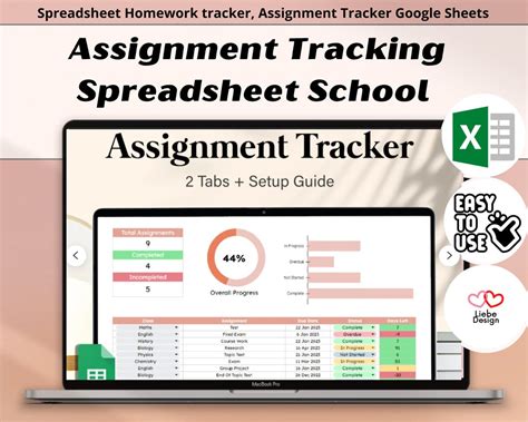 Assignment Tracking Spreadsheet School Spreadsheet Homework - Etsy