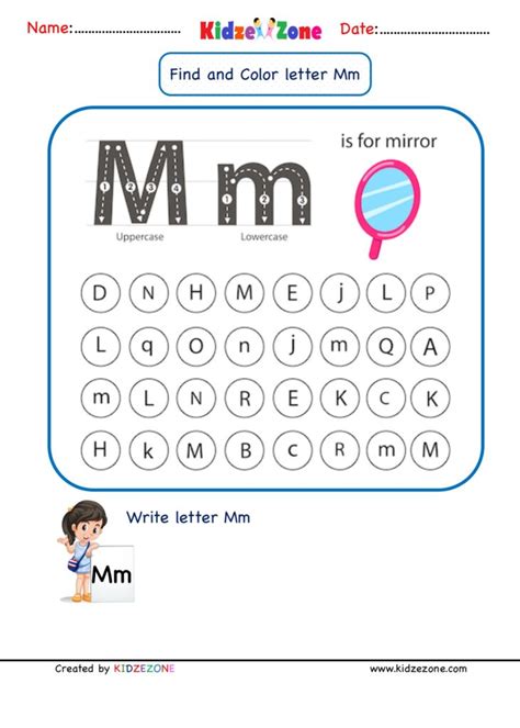 Kindergarten Letter M worksheets - Find and Color - KidzeZone