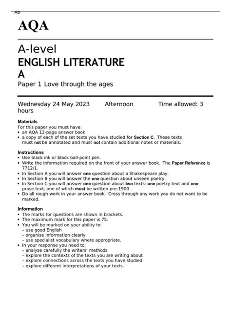 AQA A-level ENGLISH LITERATURE A Paper 1 QUESTION PAPER 2023: Love through the ages - A-level ...