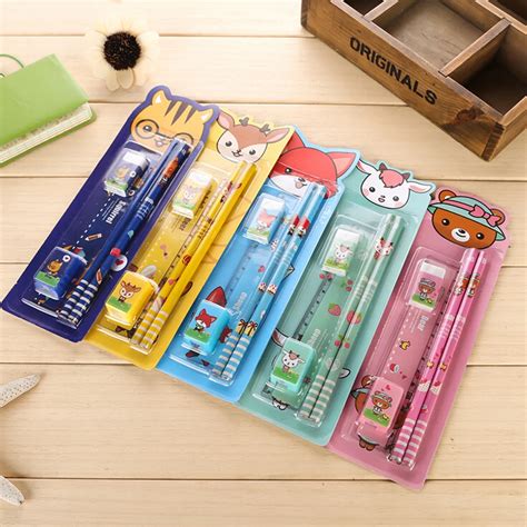 5PCS/Pack Stationery Set pencil rubber ruler sharper Cute Cartoon Kids Stationery Set School ...