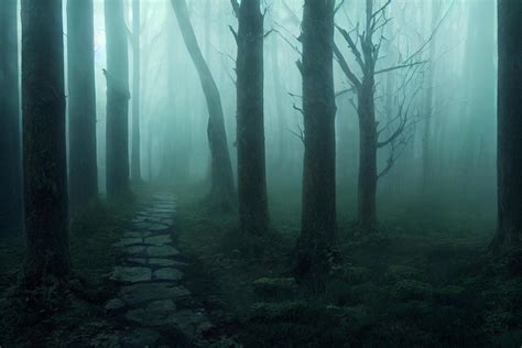 Landscape of haunted mist forest with pathway dark background, creepy and scary concept, 3d ...