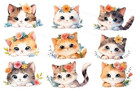 Watercolor cartoon set of cute kittens clipart, cats PNG