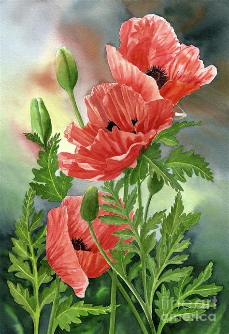 Three Red Orange Poppies with Leaves Painting by Sharon Freeman - Fine Art America