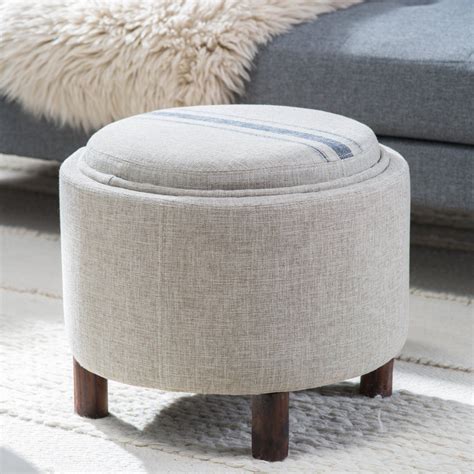 Contemporary Natural Fabric Round Storage Ottoman Footstool Seating w/ Tray - Ottomans ...