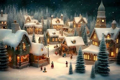 Christmas village with Snow in vintage style. Winter Village Landscape. Christmas Holidays ...