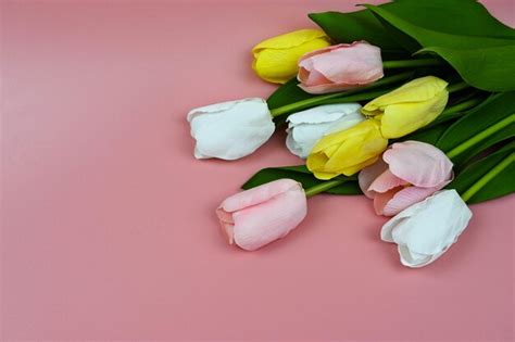 Premium Photo | Bouquet tulips on a pink background