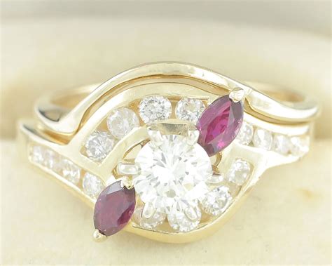 Vintage Diamond and Ruby Wedding Ring Set, 14K 1.25 CTTW VS1 Diamond Engagement Bridal Set ...