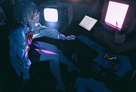 1366x768px, 720P free download | Anime, Original, Computer, Girl, Glasses, HD wallpaper | Peakpx