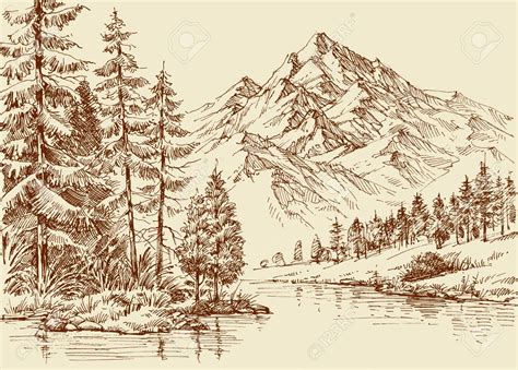 Alpine Landscape, River And Pine Forest Sketch Royalty Free Cliparts, Vectors, And Stock ...