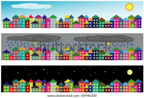 Set Cartoon Cityscapes On Sunny Day Stock Illustration 69946300