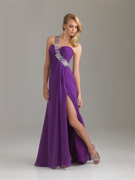 Purple Empire One Shoulder Full Length Chiffon Evening Dresses With Beading and High Slit