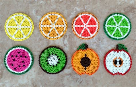 Set of 8 fruit-themed Perler bead coasters | Perler bead patterns, Perler bead art, Bead art