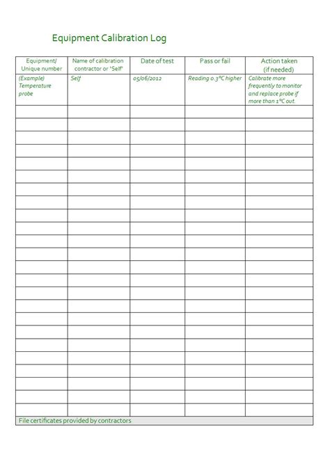 Calibration Log Sheet