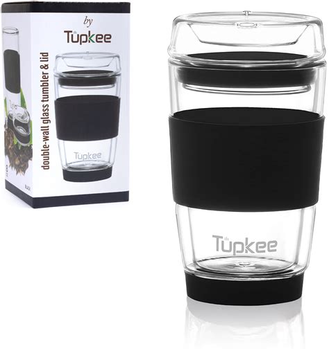 Tupkee Double Wall Glass Tumbler - All Glass Reusable Insulated Tea/Coffee Mug & Lid, Hand Blown ...