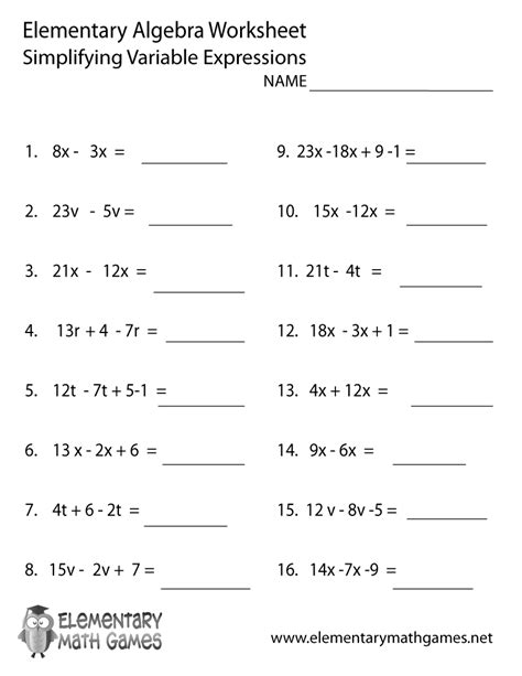 Elementary Algebra Variable Expressions Worksheet