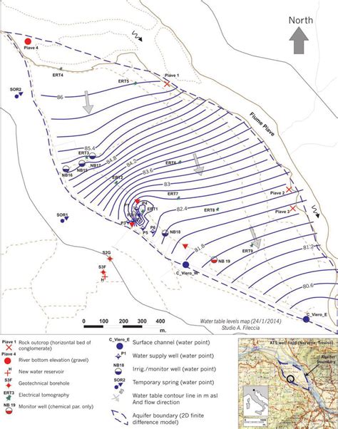 Water table map during flood (January 2014) and main investigation... | Download Scientific Diagram