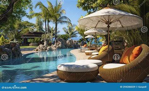 Seaside Serenity: Palms, Pools, and Pristine Daybeds Await. Generative AI Stock Illustration ...