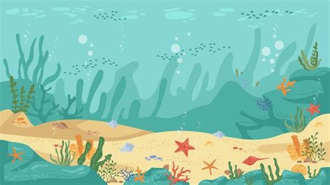 Premium Vector | Underwater world sea bottom algae and coral reef sea stars and fish flat ...