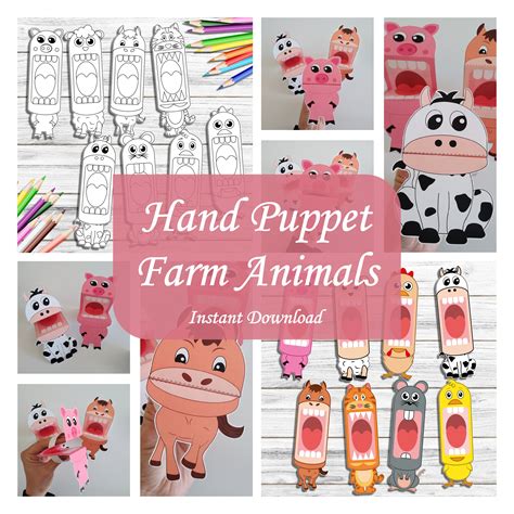 Farm Animal Paper Printable Hand Puppets, Instant Download, Coloring Page, Cut and Create, Kids ...