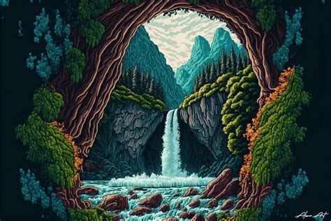 Stunning Mountain Waterfalls Pixel Art Graphic by Alone Art · Creative Fabrica