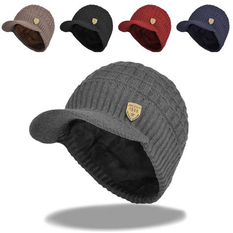 Men Sports Winter Hat Knit Visor Beanie Fleece Lined Billed Beanie with Brim Cap - Hats