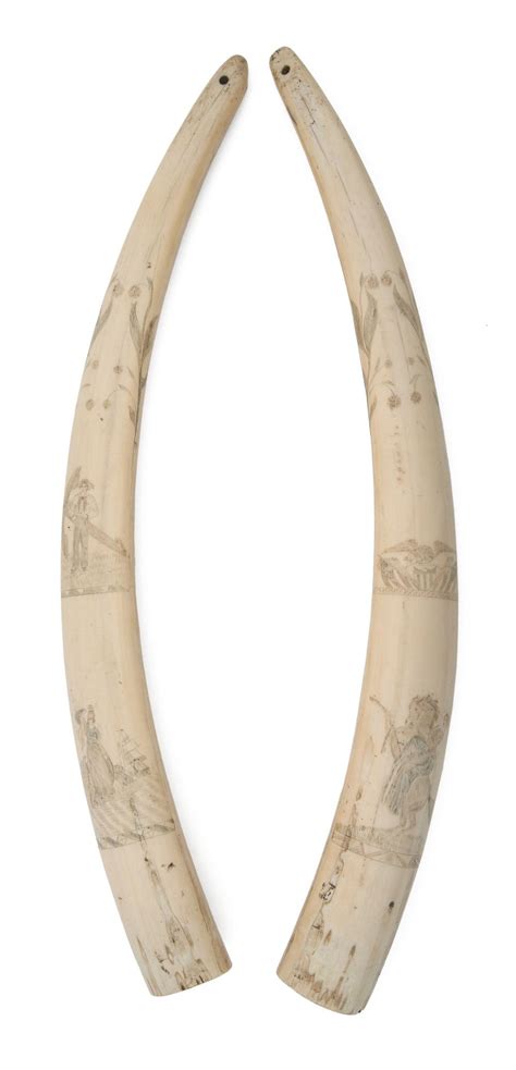 Lot - PAIR OF POLYCHROME SCRIMSHAW WALRUS TUSKS WITH PATRIOTIC MOTIFS Mid-19th Century Lengths ...