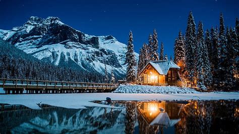 HD wallpaper: winter, reflection, nature, snow, sky, mountain, log cabin | Wallpaper Flare