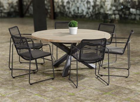 Contemporary 160 cm Teak Garden Dining Table with 6 Slimline Rope Weave Modern Dining Chairs.