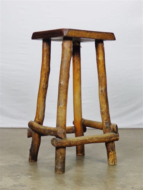 Four Vintage Rustic Wood Bar Stools - Mecox Gardens