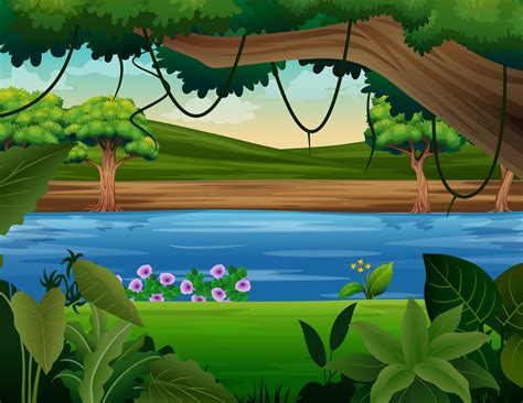 Background scene of forest with river and many trees illustration 6951255 Vector Art at Vecteezy