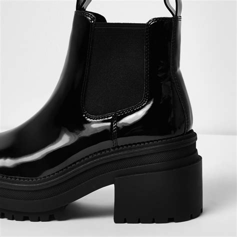 River Island Leather Black Patent Block Heel Chelsea Boots - Lyst