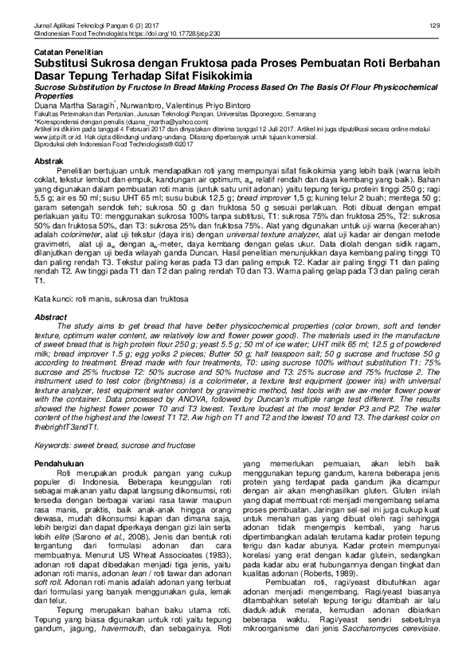 (PDF) Substitusi Sukrosa Dengan Fruktosa Pada Proses Pembuatan Roti Berbahan Dasar Tepung ...