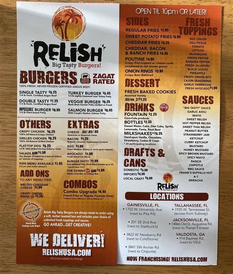 Online Menu of Relish Big Tasty Burgers Restaurant, Jacksonville, Florida, 32258 - Zmenu