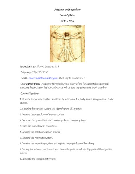 Anatomy and Physiology Course Syllabus 2013