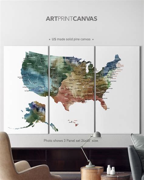 US Map Canvas Print, United States Map Canvas Watercolor, Canvas Map Wall Art, Home Decor ...