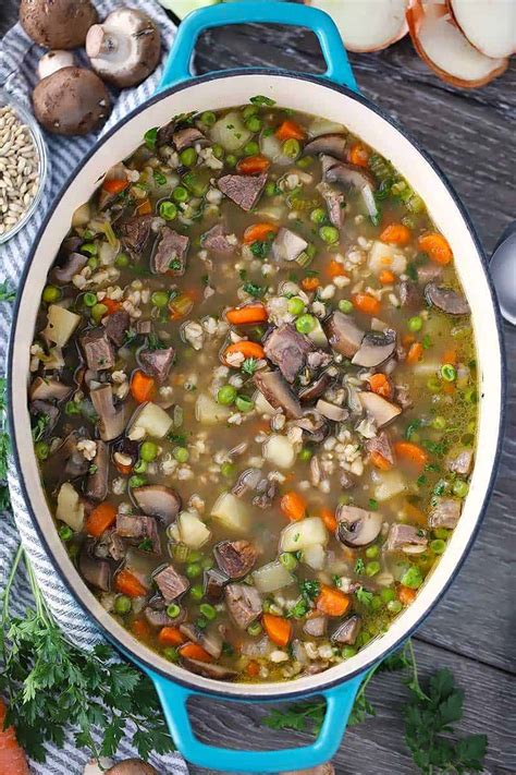 Beef Barley Soup with Mushrooms - Bowl of Delicious