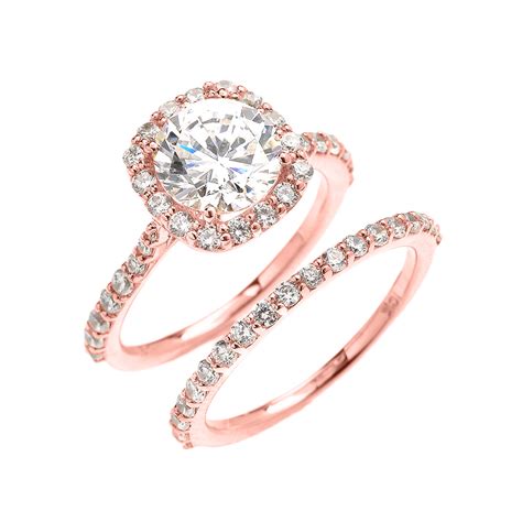 Beautiful Dainty Rose Gold 3 Carat Halo Solitaire CZ Engagement Wedding Ring Set